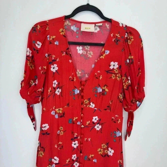 ANTHROPOLOGIE /Maeve floral V-neck rayon dress/tie sleeves size 0 - Picture 5 of 15